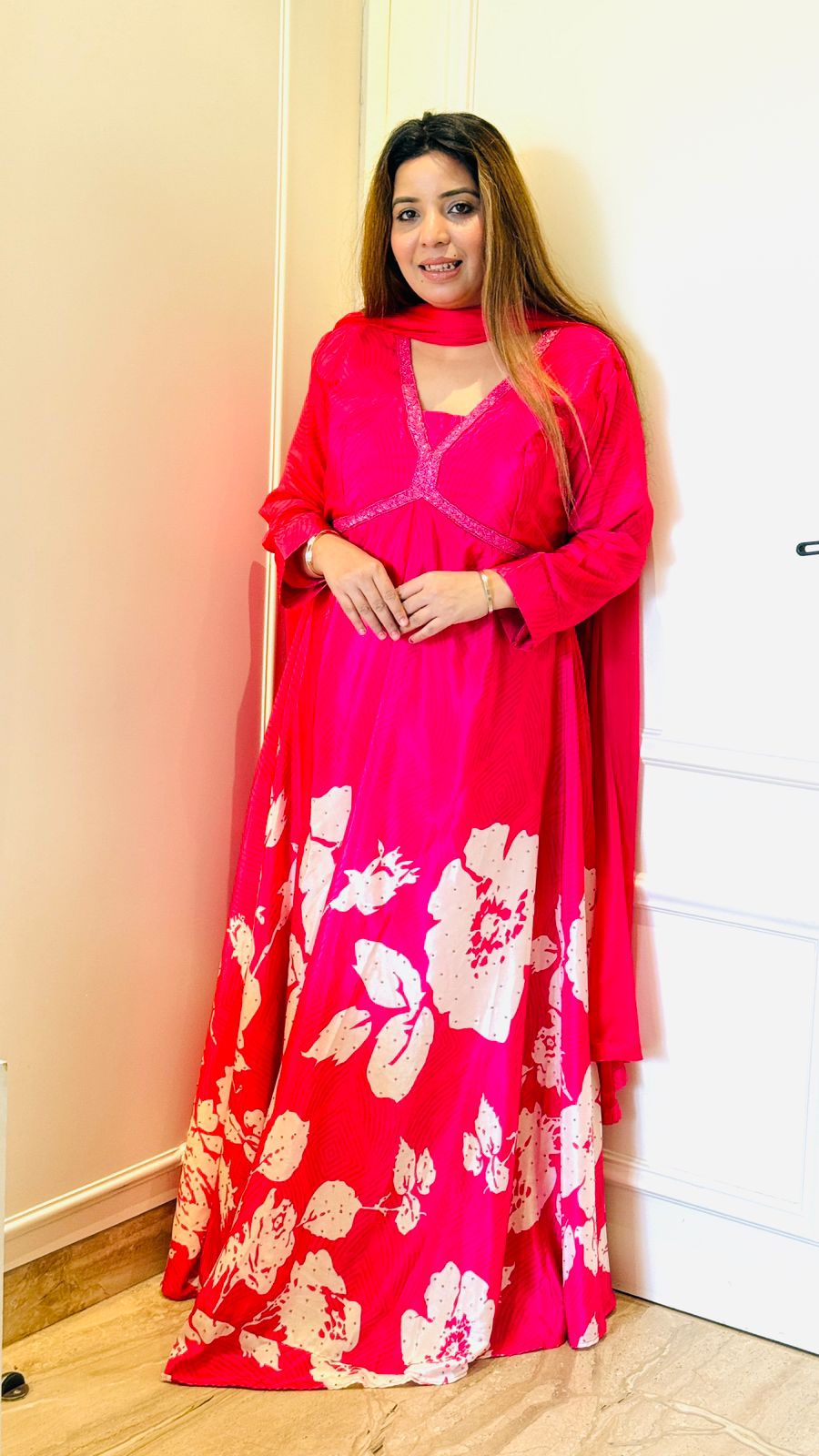 Priti Satin Anarkali- Pink ,Beige, Black